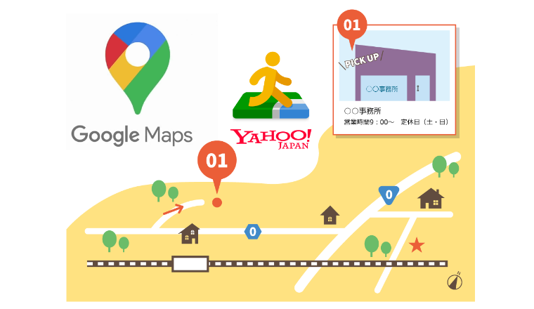 GoogleとYahoo!のアプリアイコン、地図と店舗